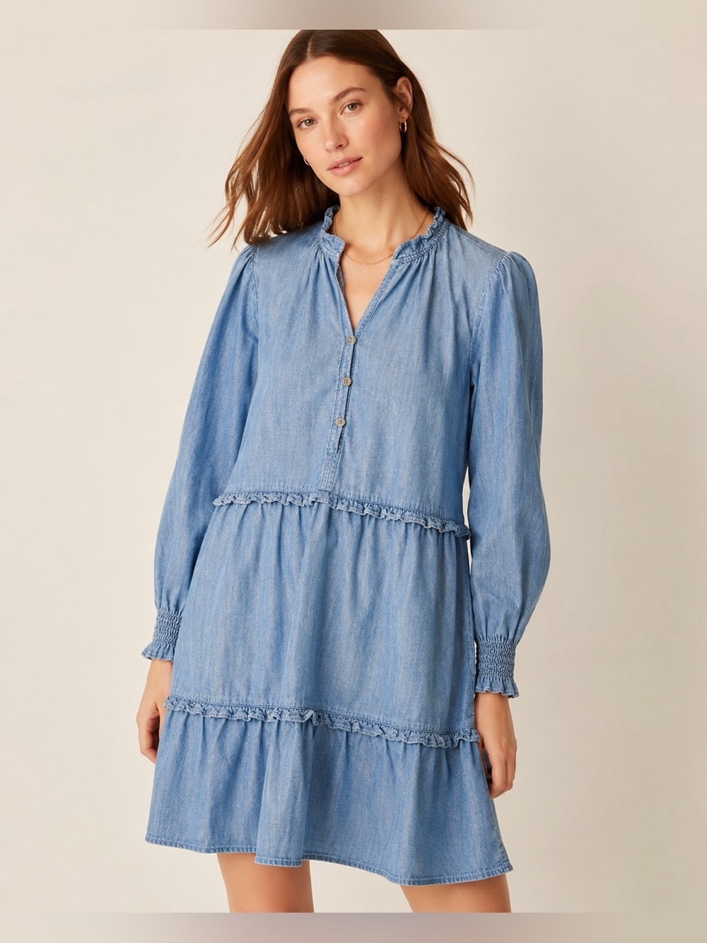 J Crew Blue Chambray Tiered Dress Smocked Sleeve Buttons Cottagecore 4